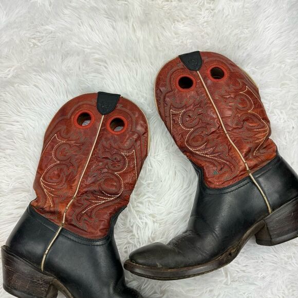 Ariat Square Toe Red & Black Embroidered Leather Western Cowboy Boots - Picture 9 of 14